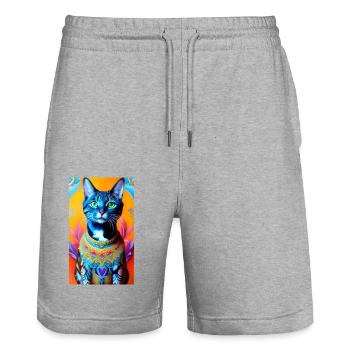 Gorgeus domestic short haired cat - Stanley/Stella Trainer Unisex Organic Jogging Shorts - heather grey - Front - Nik (191cm) & Marisol (170cm)