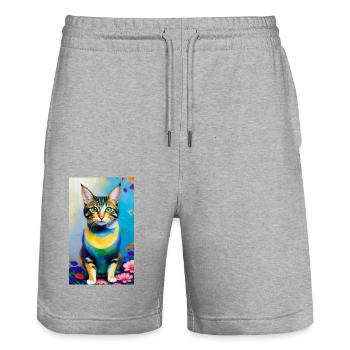 Domestic short haired cat with flowers - Stanley/Stella Trainer Unisex Organic Jogging Shorts - heather grey - Front - Nik (191cm) & Marisol (170cm)