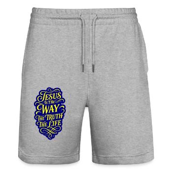 Jesus Weg Wahrheit Leben Bibelvers - Stanley/Stella Unisex Bio Joggingshorts Trainer  - Grau meliert - Vorne - Nik (191cm) & Marisol (170cm)
