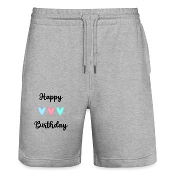 HAPPY BIRTHDAY. JOYEUX ANNIVERSAIRE. ANNIVERSAIRE. - Short de jogging bio TRAINER Stanley/Stella unisexe - gris chiné - Devant - Nik (191cm) & Marisol (170cm)