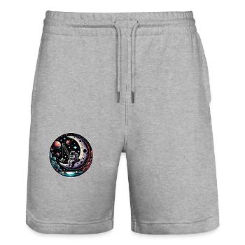 Un astronaute est assis sur le croissant de lune et pêche - Short de jogging bio TRAINER Stanley/Stella unisexe - gris chiné - Devant - Nik (191cm) & Marisol (170cm)