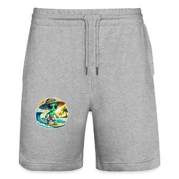 Lustiges kleines Alien auf Surfboard - Stanley/Stella Unisex Bio Joggingshorts Trainer  - Grau meliert - Vorne - Nik (191cm) & Marisol (170cm)