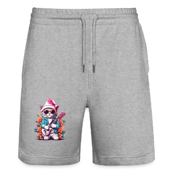 Cute cat with guitar - Stanley/Stella Trainer Unisex Organic Jogging Shorts - heather grey - Front - Nik (191cm) & Marisol (170cm)