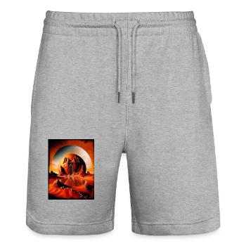 Red Moon Temple Desert Sphere - Stanley/Stella Trainer Unisex Organic Jogging Shorts - heather grey - Front - Nik (191cm) & Marisol (170cm)