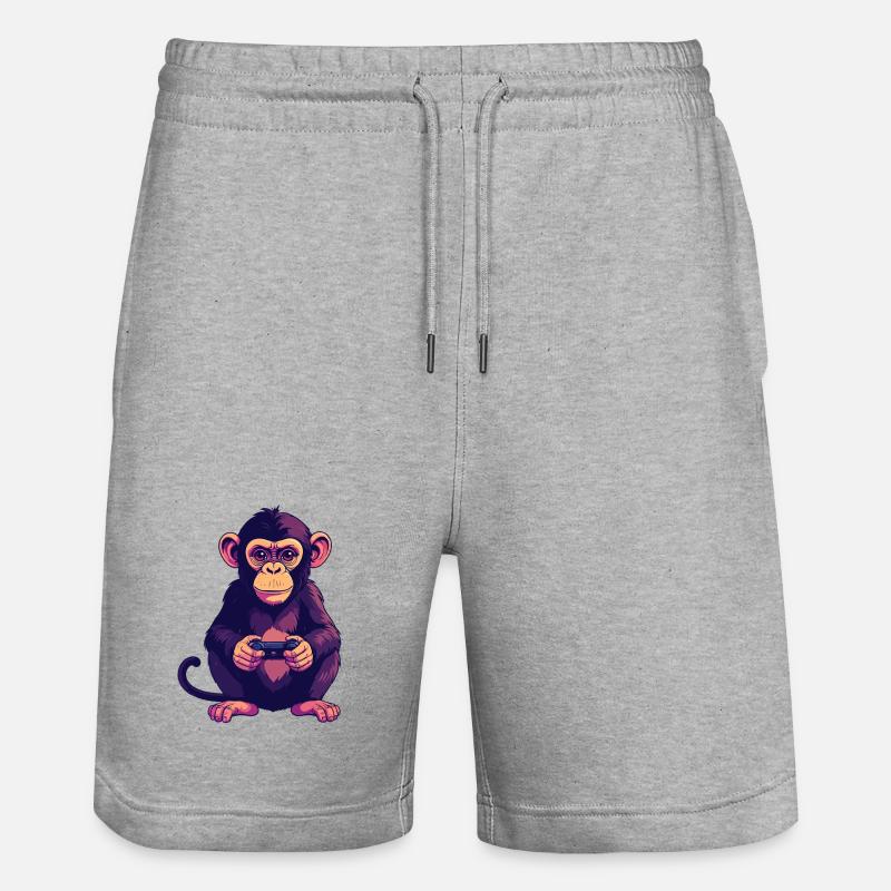 Monkey on controller playing console gaming - Stanley/Stella Trainer Unisex Organic Jogging Shorts - heather grey