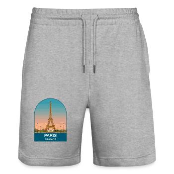 Paris France Affiche de voyage vintage de la Tour Eiffel - Short de jogging bio TRAINER Stanley/Stella unisexe - gris chiné - Devant - Nik (191cm) & Marisol (170cm)