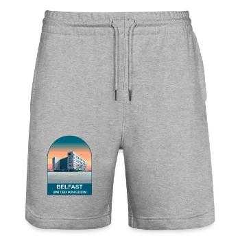 Belfast UK Vintage Travel Poster Art - Stanley/Stella Trainer Unisex Organic Jogging Shorts - heather grey - Front - Nik (191cm) & Marisol (170cm)