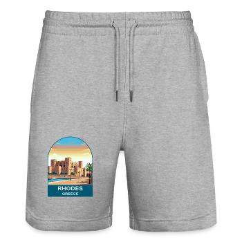 Rhodes Greece Vintage Travel Poster Art - Stanley/Stella Trainer Unisex Organic Jogging Shorts - heather grey - Front - Nik (191cm) & Marisol (170cm)