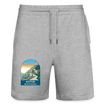 Art d’affiches de voyage vintage de Kotor Montenegro - Short de jogging bio TRAINER Stanley/Stella unisexe - gris chiné - Devant - Nik (191cm) & Marisol (170cm)