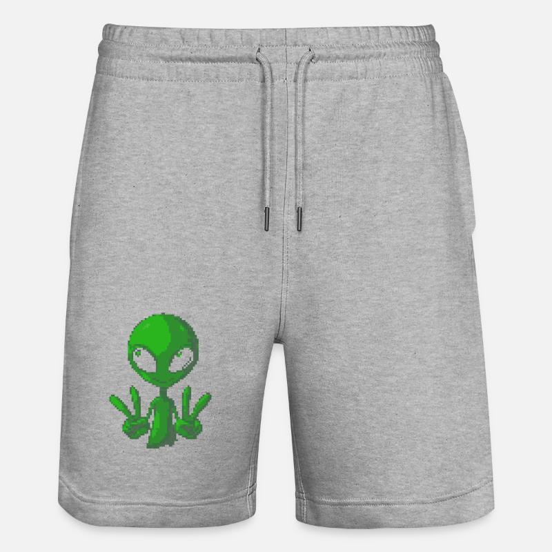 Pixel grünes Alien-Peace-Zeichen-Tee - Stanley/Stella Unisex Bio Joggingshorts Trainer  - Grau meliert