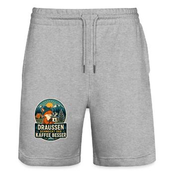 Le café est meilleur dehors – Camping-Fuchs - Short de jogging bio TRAINER Stanley/Stella unisexe - gris chiné - Devant - Nik (191cm) & Marisol (170cm)