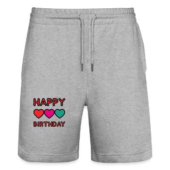 HAPPY BIRTHDAY. ANNIVERSAIRE. - Short de jogging bio TRAINER Stanley/Stella unisexe - gris chiné - Devant - Nik (191cm) & Marisol (170cm)