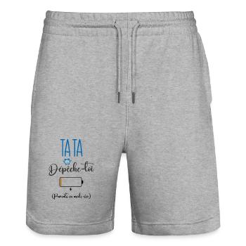 Tata dépêche-toi ! Parents en mode-éco - Short de jogging bio TRAINER Stanley/Stella unisexe - gris chiné - Devant - Nik (191cm) & Marisol (170cm)