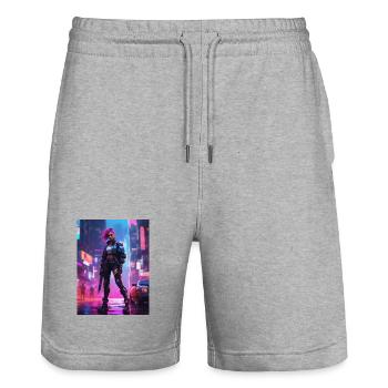 Cyberpunk-Operative in Neonstadt - Stanley/Stella Unisex Bio Joggingshorts Trainer  - Grau meliert - Vorne - Nik (191cm) & Marisol (170cm)