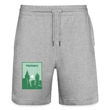 Philadelphia City Skyline - Stanley/Stella Trainer Unisex Organic Jogging Shorts - heather grey - Front - Nik (191cm) & Marisol (170cm)