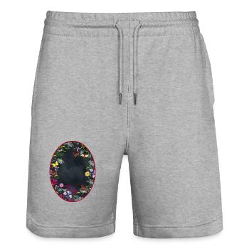 Cadre ovale de jardin avec fond noir - Short de jogging bio TRAINER Stanley/Stella unisexe - gris chiné - Devant - Nik (191cm) & Marisol (170cm)