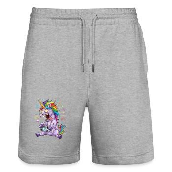 Joueur de licornes arc-en-ciel complètement drôle - Short de jogging bio TRAINER Stanley/Stella unisexe - gris chiné - Devant - Nik (191cm) & Marisol (170cm)