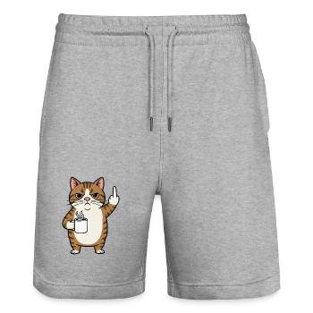 Chat agacé avec un café et dessin animé en pointant le majeur - Short de jogging bio TRAINER Stanley/Stella unisexe - gris chiné - Devant - Nik (191cm) & Marisol (170cm)