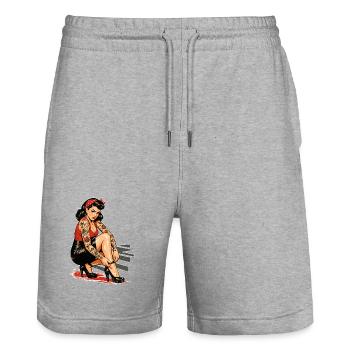 Tattoo Pin-Up: Retro Werbeprint & High Heels - Stanley/Stella Unisex Bio Joggingshorts Trainer  - Grau meliert - Vorne - Nik (191cm) & Marisol (170cm)