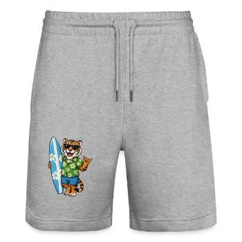 Surf tiger in Hawaiian shirt - Stanley/Stella Trainer Unisex Organic Jogging Shorts - heather grey - Front - Nik (191cm) & Marisol (170cm)