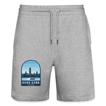 Hong Kong Skyline Star Ferry Retro Blue Sky Badge - Stanley/Stella Trainer Unisex Organic Jogging Shorts - heather grey - Front - Nik (191cm) & Marisol (170cm)