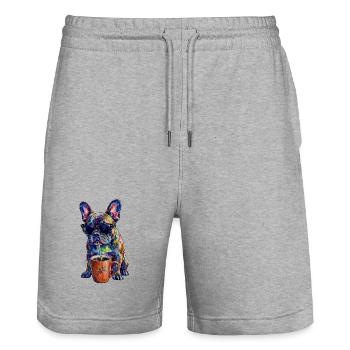 Coole Französische Bulldogge mit Kaffee - Stanley/Stella Unisex Bio Joggingshorts Trainer  - Grau meliert - Vorne - Nik (191cm) & Marisol (170cm)