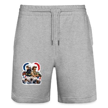 Héros pompiers et agriculteurs patriotes - Short de jogging bio TRAINER Stanley/Stella unisexe - gris chiné - Devant - Nik (191cm) & Marisol (170cm)