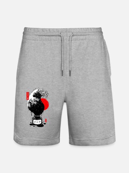 Black Japanese Wave Ink - Stanley/Stella Trainer Unisex Organic Jogging Shorts - heather grey