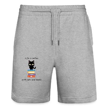 Life is better with Cats and Books - Stanley/Stella Trainer Unisex Organic Jogging Shorts - heather grey - Front - Nik (191cm) & Marisol (170cm)