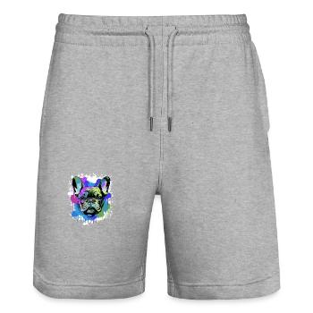 Französische Bulldogge Hund Bunt Porträt - Stanley/Stella Unisex Bio Joggingshorts Trainer  - Grau meliert - Vorne - Nik (191cm) & Marisol (170cm)