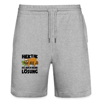 Faultier - Hektik ist auch keine Lösung - Spruch - Stanley/Stella Unisex Bio Joggingshorts Trainer  - Grau meliert - Vorne - Nik (191cm) & Marisol (170cm)