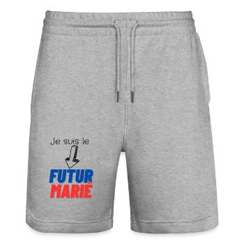 EVG futur marié. Enterrement vie célibataire - Short de jogging bio TRAINER Stanley/Stella unisexe - gris chiné - Devant - Nik (191cm) & Marisol (170cm)