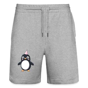 Pingouin heureux avec chapeau de fête - Cartoon Design - Short de jogging bio TRAINER Stanley/Stella unisexe - gris chiné - Devant - Nik (191cm) & Marisol (170cm)