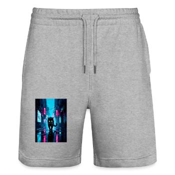 Black cyberpunk cat in neon rain city - Stanley/Stella Trainer Unisex Organic Jogging Shorts - heather grey - Front - Nik (191cm) & Marisol (170cm)