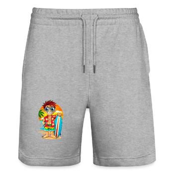 Fröhlicher Surfer mit Surfbrett am Strand. - Stanley/Stella Unisex Bio Joggingshorts Trainer  - Grau meliert - Vorne - Nik (191cm) & Marisol (170cm)