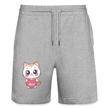 Chat kawaii cœur Love - Short de jogging bio TRAINER Stanley/Stella unisexe - gris chiné - Devant - Nik (191cm) & Marisol (170cm)