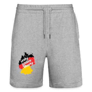 Map of Germany - Unity, Justice & Freedom - Stanley/Stella Trainer Unisex Organic Jogging Shorts - heather grey - Front - Nik (191cm) & Marisol (170cm)