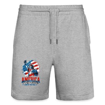 250., 4. Flagge der Patriotischen Freiheitsstatue der USA - Stanley/Stella Unisex Bio Joggingshorts Trainer  - Grau meliert - Vorne - Nik (191cm) & Marisol (170cm)