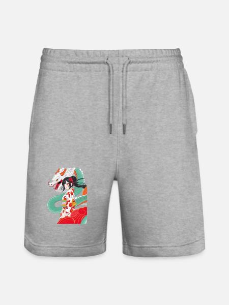 Anime-Stil-Geisha mit Drachen - Stanley/Stella Unisex Bio Joggingshorts Trainer  - Grau meliert