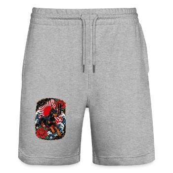 Dobermann im japanischen Irezumi Tattoo Stil - Stanley/Stella Unisex Bio Joggingshorts Trainer  - Grau meliert - Vorne - Nik (191cm) & Marisol (170cm)