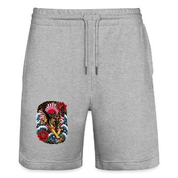 Deutscher Schäferhund im Japan Tattoo Stil - Stanley/Stella Unisex Bio Joggingshorts Trainer  - Grau meliert - Vorne - Nik (191cm) & Marisol (170cm)