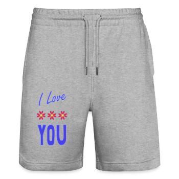 SAINT VALENTINE. bachelorette party. I LOVE YOU. I LOVE YOU. LOVE - Stanley/Stella Trainer Unisex Organic Jogging Shorts - heather grey - Front - Nik (191cm) & Marisol (170cm)