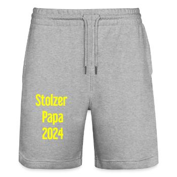Proud Dad 2024 – pour les nouveaux papas - Short de jogging bio TRAINER Stanley/Stella unisexe - gris chiné - Devant - Nik (191cm) & Marisol (170cm)