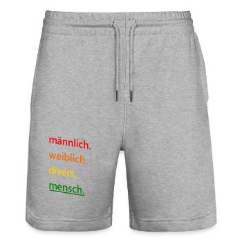 male, female, diverse, human tolerance saying - Stanley/Stella Trainer Unisex Organic Jogging Shorts - heather grey - Front - Nik (191cm) & Marisol (170cm)
