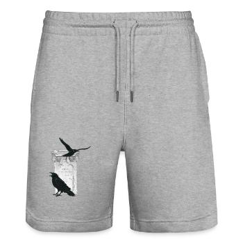 Kolkraben mit Grabstein, Halloween Outfit - Stanley/Stella Unisex Bio Joggingshorts Trainer  - Grau meliert - Vorne - Nik (191cm) & Marisol (170cm)