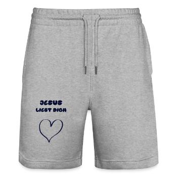 JESUS LIEBT DICH mit Herz - Stanley/Stella Unisex Bio Joggingshorts Trainer  - Grau meliert - Vorne - Nik (191cm) & Marisol (170cm)