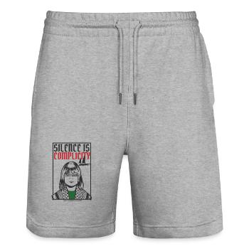 Schweigen ist Komplizenschaft, Freies Gaza, Freies Palästina - Stanley/Stella Unisex Bio Joggingshorts Trainer  - Grau meliert - Vorne - Nik (191cm) & Marisol (170cm)