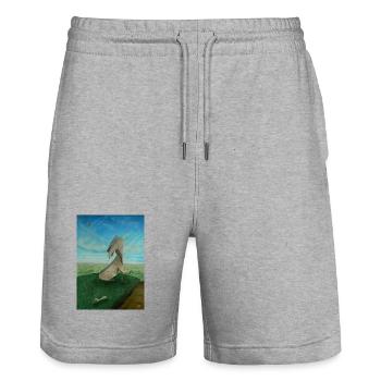 Abstrakter Hammer-Hund aus Stahl in surrealer Landschaft - Stanley/Stella Unisex Bio Joggingshorts Trainer  - Grau meliert - Vorne - Nik (191cm) & Marisol (170cm)