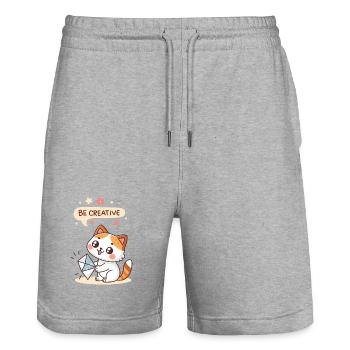 Chat Kawaii Créatif - Short de jogging bio TRAINER Stanley/Stella unisexe - gris chiné - Devant - Nik (191cm) & Marisol (170cm)