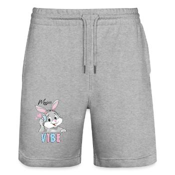 Happy_bunny_in_headphones. Music_vibe - Stanley/Stella Trainer Unisex Organic Jogging Shorts - heather grey - Front - Nik (191cm) & Marisol (170cm)